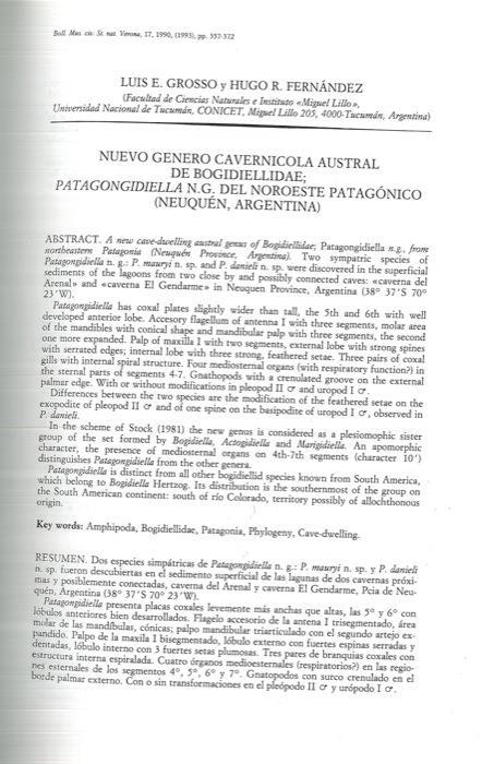 Nuevo genero cavernicola austral de bogidiellidae Patagongidiella n. g. del Noroeste Patagonico (Neuquen, Argentina) - copertina