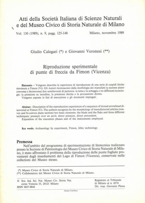 Riproduzione sperimentale di punte di freccia da Fimon (Vicenza) - Giulio Calegari - copertina