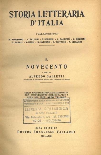 Storia letteraria d'Italia. Il novecento - Alfredo Galletti - copertina