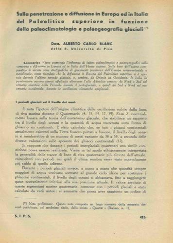 Sulla penetrazione e diffusione in Europa ed in Italia del Paleolitico superiore in funzione della paleoclimatologia e paleogeografia glaciali = Alcune osservazioni sulla morfologia del sacro dei Fuegini = Nuovi rivelamenti di oggetti antichi ottenut - Alberto Carlo Blanc - copertina