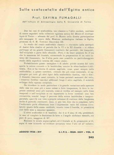 Sulla scafocefalia dell'Egitto antico = Nuova interpretazione del rito funerario della posizione rannicchiata = Gli Zuéia, i Tébu, i Sudanesi delle oasi di Cufra (Osservazioni antropologiche) = Sulla correlazione stratigrafica delle regioni costiere - Savina Fumagalli - copertina