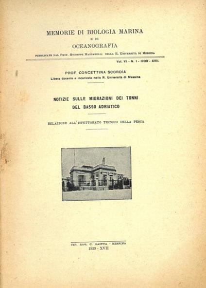 Notizie sulle migrazioni dei tonni del Basso Adriatico - Concettina Scordia - copertina