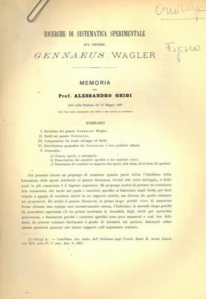 Ricerche di sistematica sperimentale sul genere Gennaeus Wagler - Alessandro Ghigi - copertina