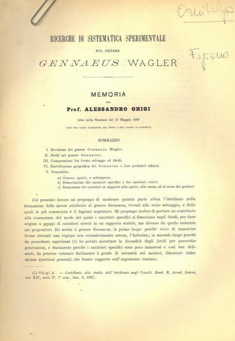 Ricerche di sistematica sperimentale sul genere Gennaeus Wagler - Alessandro Ghigi - copertina