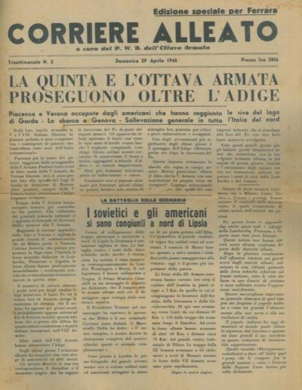 La Quinta e l'Ottava Armata proseguono oltre l'Adige. Piacenza e Verona occupate dagli americani che hanno raggiunto le rive del Lago di Garda - copertina
