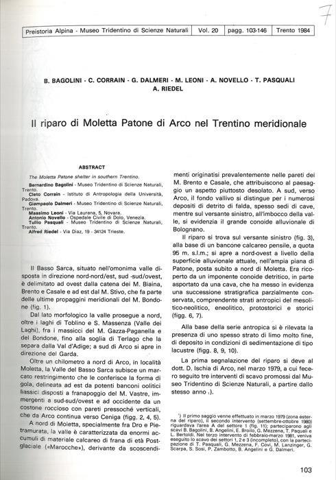 Il riparo di Moletta Patone di Arco nel Trentino meridionale. Analisi degli oggetti di corredo in metallo (M.L.). Osteometria dei resti umani rinvenuti nel sepolcreto dell'età del Rame di Moletta Patone (C.C. ) - Bernardino Bagolini - copertina