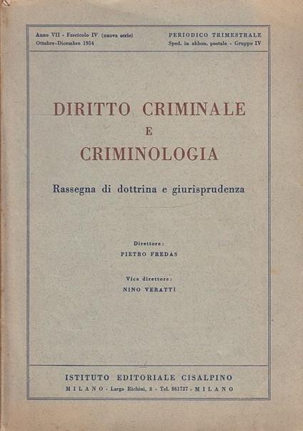 Rivista Diritto Criminale E Criminologia - Pietro Fredas - copertina