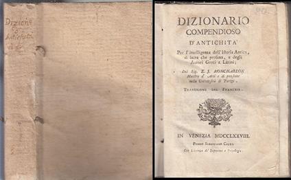 Dizionario Compendioso D'Antichità Settecentina- Monchablon- 1778- B- Xfs67 - copertina