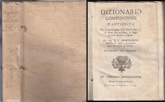 Dizionario Compendioso D'Antichità Settecentina- Monchablon- 1778- B- Xfs67 - copertina
