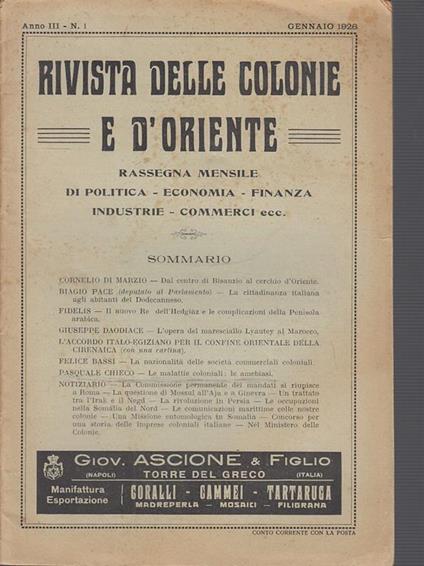 Rivista Delle Colonie E D'oriente Anno Iii N.1 - copertina