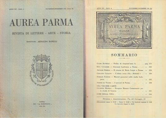 Rivista Aurea Parma Anno Xv Fasc. 6 - copertina