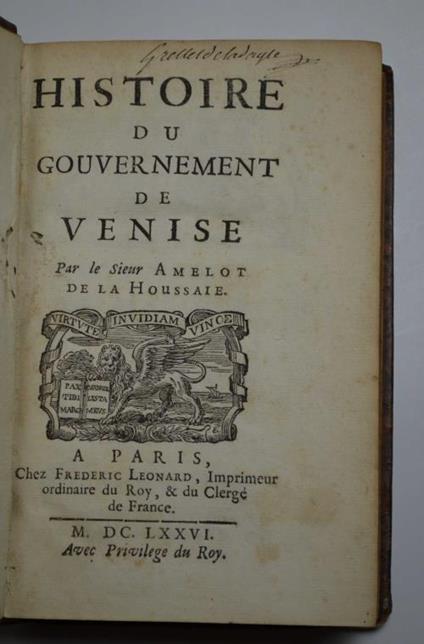 Histoire du Gouvernement de Venise. - copertina