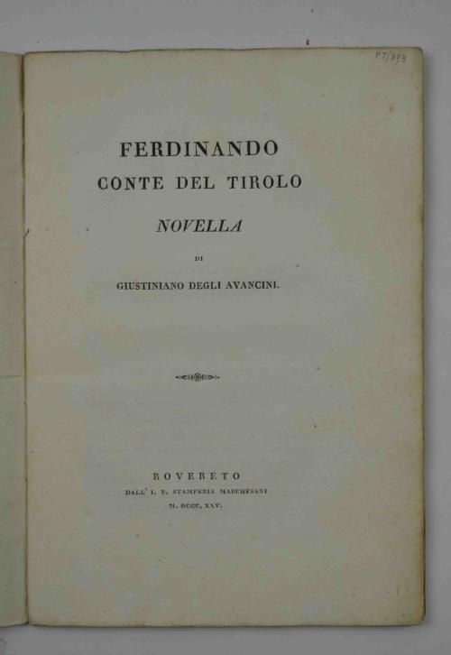 Ferdinando Conte del Tirolo. Novella… - Giovanna Degli Avancini - copertina