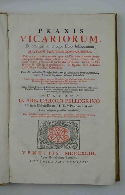 Praxis Vicariorum et omnium in utroque Foro Jusdicentium - Pellegrino C. Sestieri - copertina