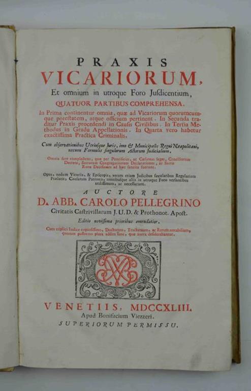 Praxis Vicariorum et omnium in utroque Foro Jusdicentium - Pellegrino C. Sestieri - copertina