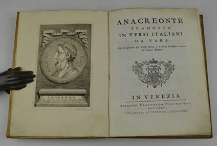 Anacreonte tradotto in versi italiani da varj. Con la giunta del Testo Greco, e della Versione Latina di Giosuè Barnes - Anacreonte - copertina