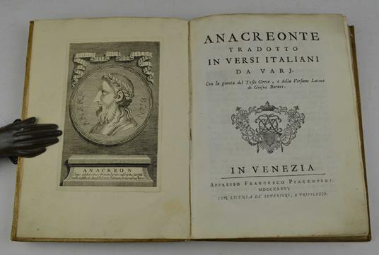 Anacreonte tradotto in versi italiani da varj. Con la giunta del Testo Greco, e della Versione Latina di Giosuè Barnes - Anacreonte - copertina