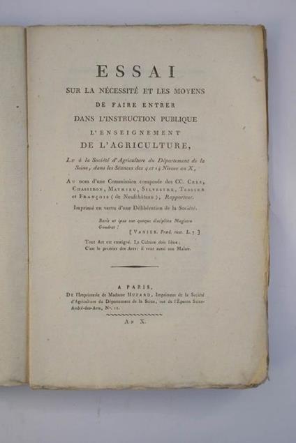Essai sur la nécessité et les moyens de faire entrer dans l'instruction publique l'inseignement de l'agriculture - copertina