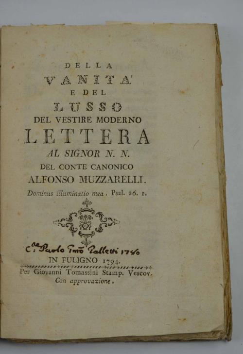 Della vanità e del lusso del vestire moderno. Lettera al signor N.N - Alfonso Muzzarelli - copertina