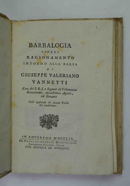 Barbalogia ovvero Ragionamento intorno alla barba - Clementino Vannetti - copertina