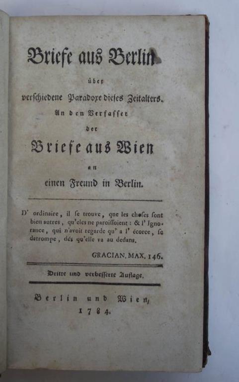 Briefe aus Berlin ueber verschiedene Paradoxe dieses Zeitalters. Dritte und verbesserte auflage - Carlantonio Pilati - copertina