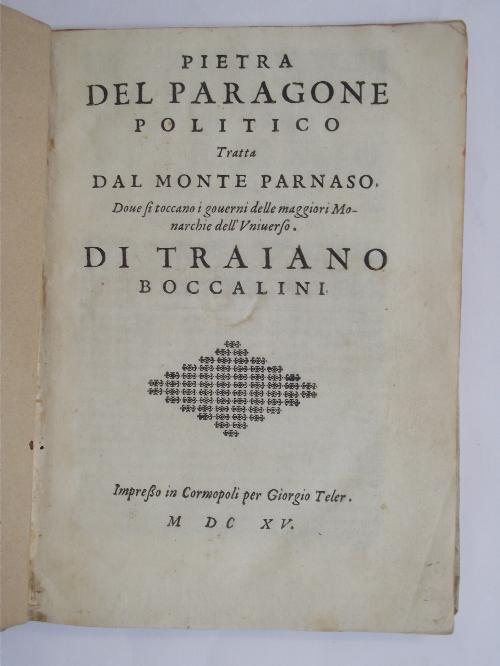 Pietra del Paragone Politico Tratta dal Monte Parnaso. Dove si toccano i governi delle maggiori Monarchie dell'Universo - Traiano Boccalini - copertina