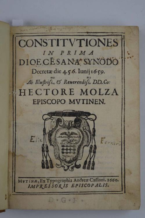 Constitutiones in prima Dioecesana Synodo Decretae die 4.5.6. Iunij 1659. Ab illustriss.mo. Hectore Molza. - copertina