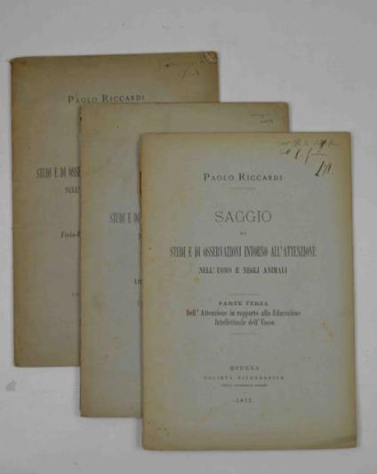 Saggio di studi e di osservazioni intorno all'attenzione nell'uomo e degli animali - Paolo Riccardi - copertina