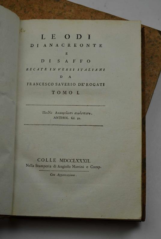 Le odi recate in versi italiani da Francesco Saverio de' Rogati - Anacreonte - copertina