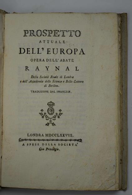 Prospetto attuale dell'Europa… Traduzione dal francese - Guillaume Thomas Raynal - copertina