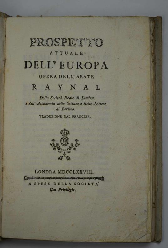 Prospetto attuale dell'Europa… Traduzione dal francese - Guillaume Thomas Raynal - copertina