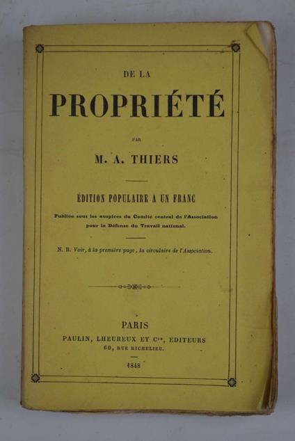 De la propriété… Edition populaire a un franc - Adolphe Thiers - copertina