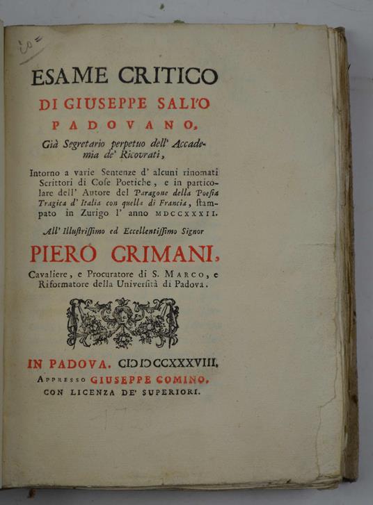 Esame critico intorno a varie sentenze d'alcuni rinomati Scrittori di Cose Poetiche, e in particolare dell'Autore del Paragone della Poesia Tragica d'Italia con quella di Francia - Giuseppe Salio - copertina