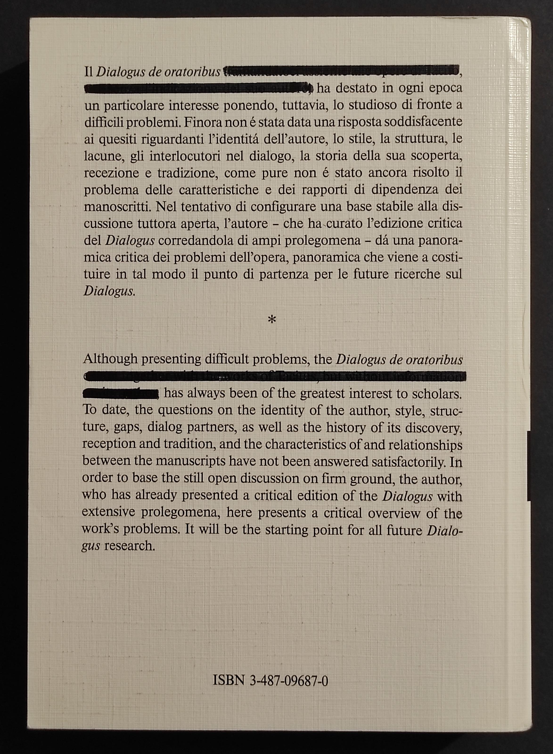 Le Principali Problematiche del Dialogus de Oratoribus - D. Bo - Ed. Olms - 1993