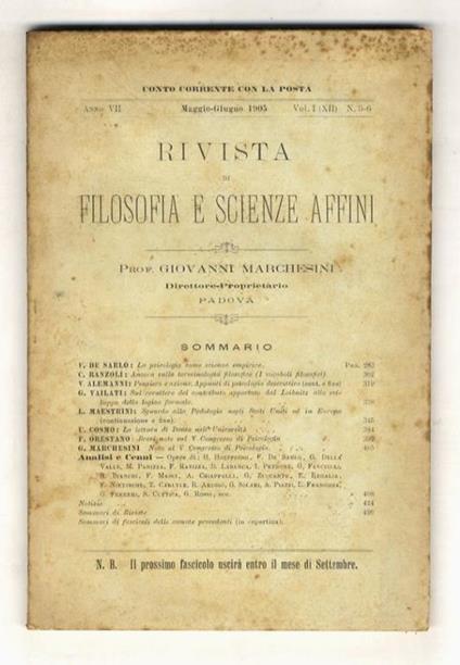 Rivista di filosofia e scienze affini, a. VII, vol. I (XII), n. 5-6, Maggio-Giugno 1905 - copertina