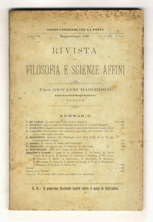 Rivista di filosofia e scienze affini, a. VII, vol. I (XII), n. 5-6, Maggio-Giugno 1905 - copertina