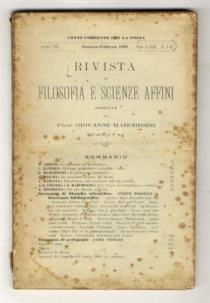 Rivista di filosofia e scienze affini, a. VII, vol. I (XII), n. 1-2, Gennaio-Febbraio 1905 - copertina
