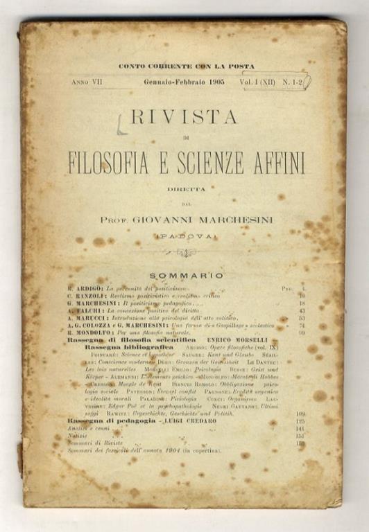 Rivista di filosofia e scienze affini, a. VII, vol. I (XII), n. 1-2, Gennaio-Febbraio 1905 - copertina