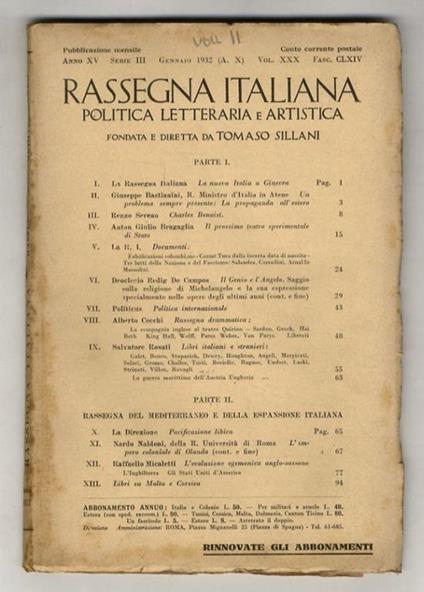 Rassegna Italiana, politica, letteraria e artistica, fondata e diretta da Tomaso Sillani. Anno XV, serie III. Vol. XXX. Dal fascicolo CLXIV del Gennaio 1932 al fascicolo CLXXV del dicembre 1932. [Annata completa] - copertina