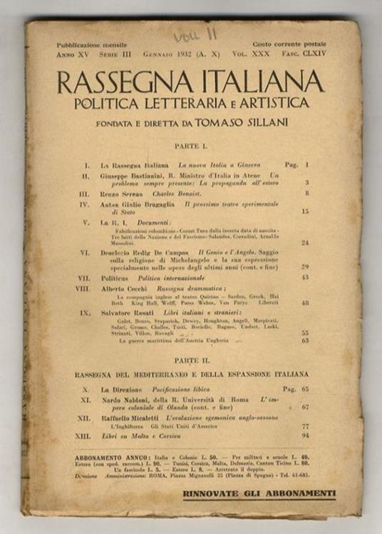 Rassegna Italiana, politica, letteraria e artistica, fondata e diretta da Tomaso Sillani. Anno XV, serie III. Vol. XXX. Dal fascicolo CLXIV del Gennaio 1932 al fascicolo CLXXV del dicembre 1932. [Annata completa] - copertina