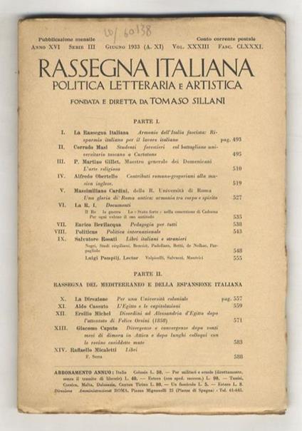 Rassegna Italiana, politica, letteraria e artistica, fondata e diretta da Tomaso Sillani. Anno XVI, serie III. Vol. XXXIII. Fascicolo CLXXXI. Giugno 1933 - copertina