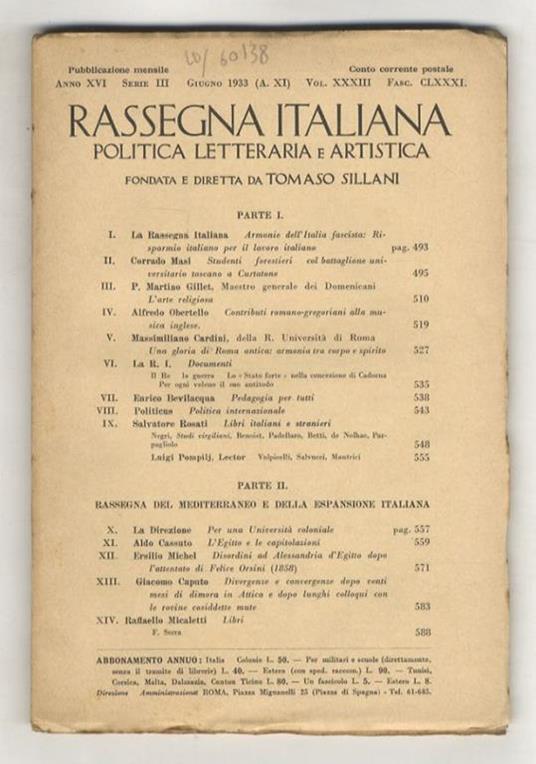 Rassegna Italiana, politica, letteraria e artistica, fondata e diretta da Tomaso Sillani. Anno XVI, serie III. Vol. XXXIII. Fascicolo CLXXXI. Giugno 1933 - copertina