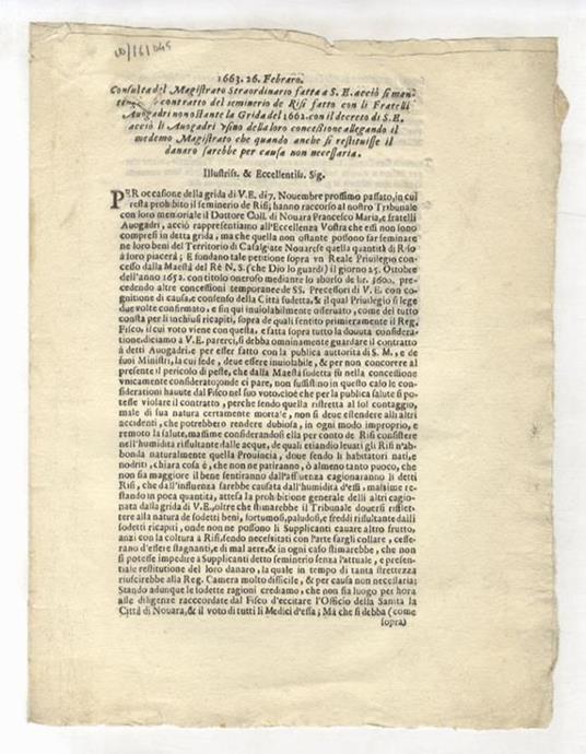 1663. 26 Febraro. Consulta del Magistrato Straordinario fatta a S.E. acciò si mantenga il contratto del seminerio de' risi fatto con li fratelli Avogadri nonostante le grida del 1662 con il decreto di S.E. acciò li Avogadri usino della loro concessio - copertina