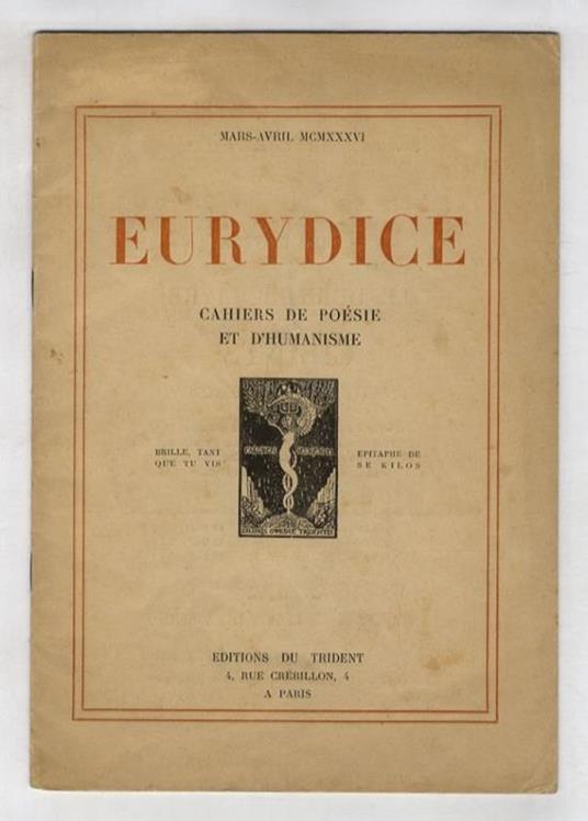 Eurydice. Cahiers de Poésie et d' Humanisme. N° 20, Mars-Avril MCMXXXVI - copertina