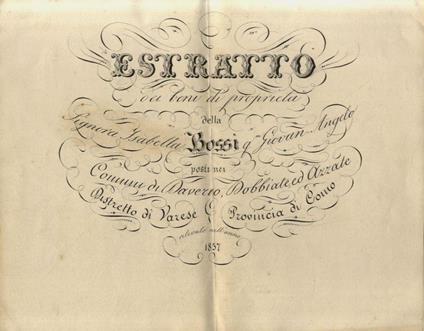 RISTRETTO dei beni di proprietà della Signora Isabella Bossi [...] posti nei comuni di Daverio, Dobbiate ed Azzate, Ristretto di varese, Provincia di Como. Rilevato nell'anno 1857 - copertina