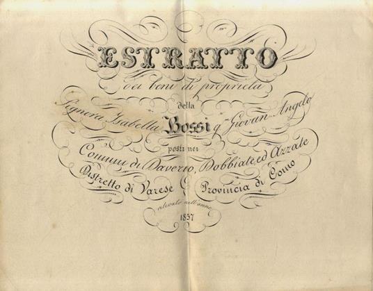 RISTRETTO dei beni di proprietà della Signora Isabella Bossi [...] posti nei comuni di Daverio, Dobbiate ed Azzate, Ristretto di varese, Provincia di Como. Rilevato nell'anno 1857 - copertina