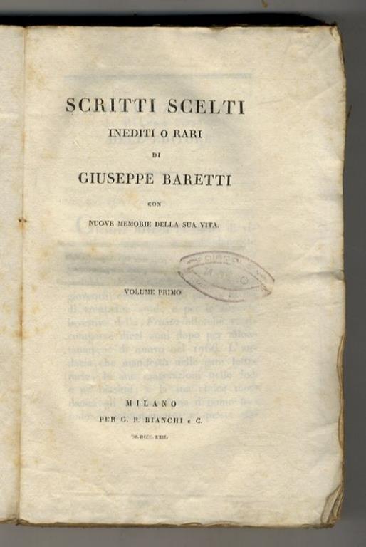 Scritti scelti inediti o rari. Con nuove memorie della sua vita. (Prefazione di Pietro Custodi) - Giuseppe Baretti - copertina