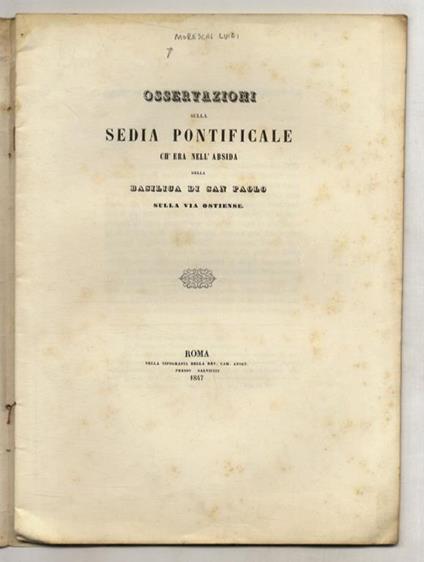 Osservazioni sulla sedia pontificale ch'era nell'absida [sic] della basilica di San Paolo sulla via Ostiense - copertina