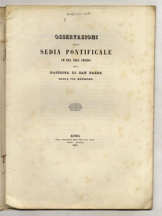 Osservazioni sulla sedia pontificale ch'era nell'absida [sic] della basilica di San Paolo sulla via Ostiense - copertina