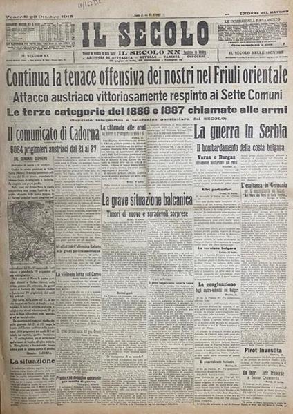 SECOLO (IL). Edizione del mattino. Anno L. Numero 17807. Venerdi 29 ottobre 1915 - copertina